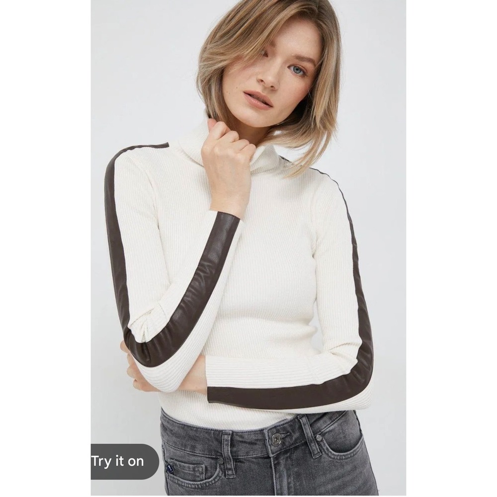 Lauren Ralph Lauren Cream Ribbed Turtleneck Faux Leather Stripe Sweater Small